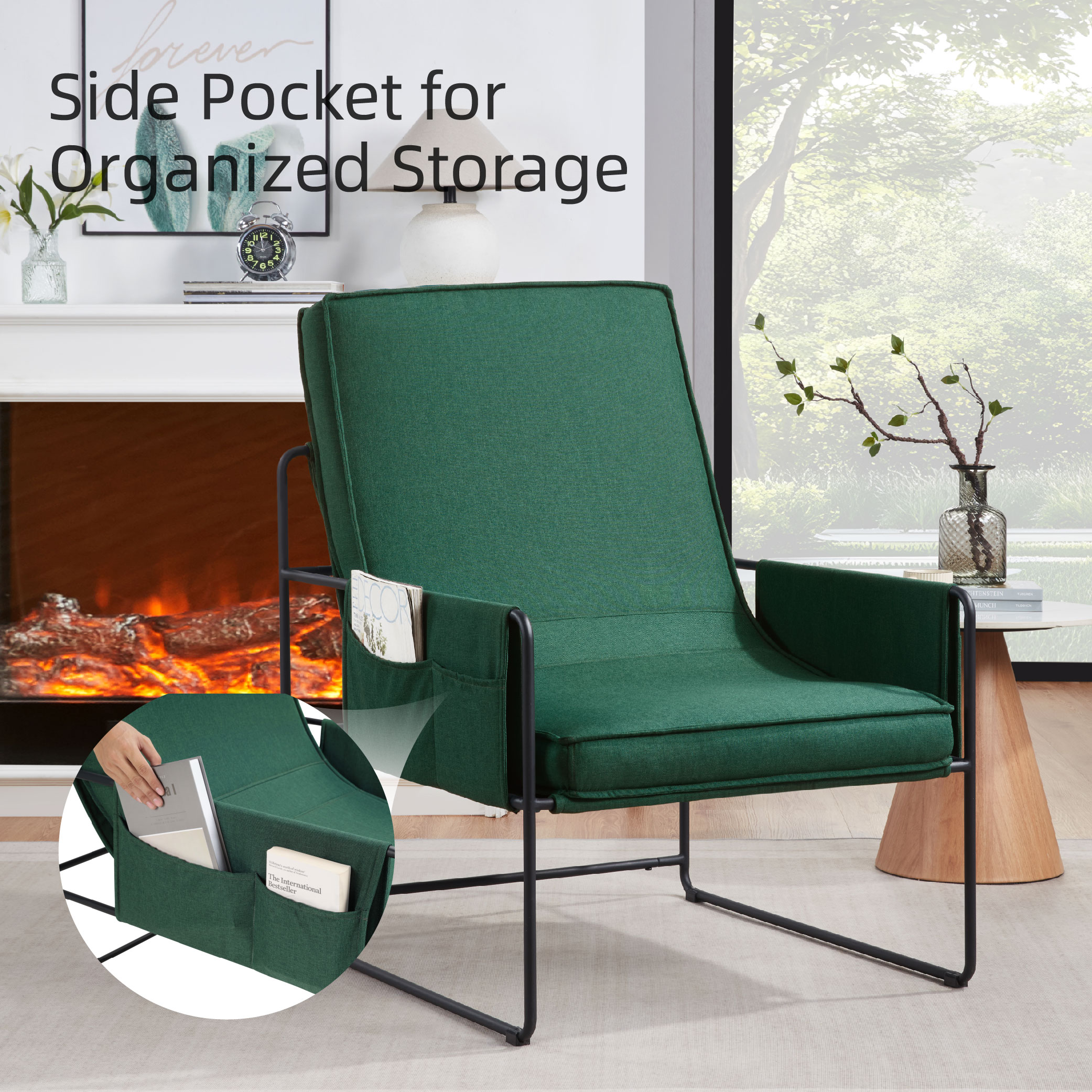 Sling Accent Chair, Comfy Chair With Removable Cushion, Vanity Chair, With Storage Bag For Living Room, Room Chair For Living Room, Bedroom, Office, Green_voghion.com